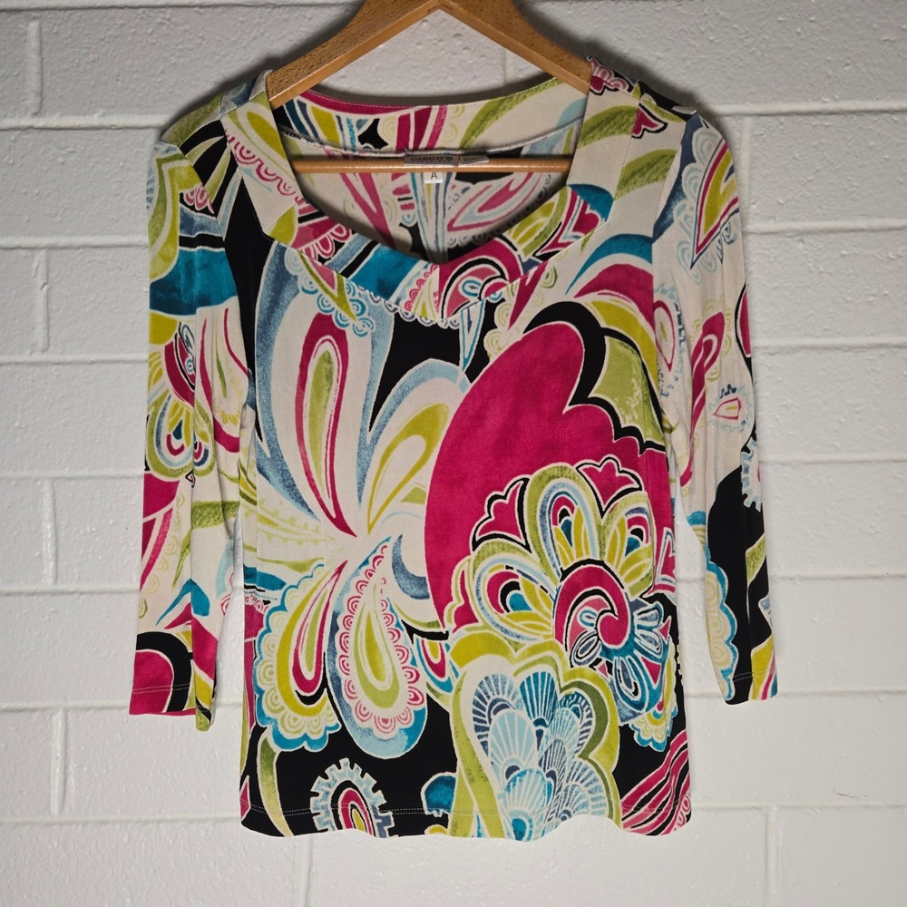Chicos‎ Travelers Paisley Top 1 Medium 3/4 Sleeve Abstract Colorful Art Teacher